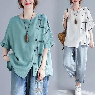 Camiseta Feminina de Algodão e Linho Estampada de Verão Manga Curta Moda Vintage Gola Redonda Top Emagrecedor