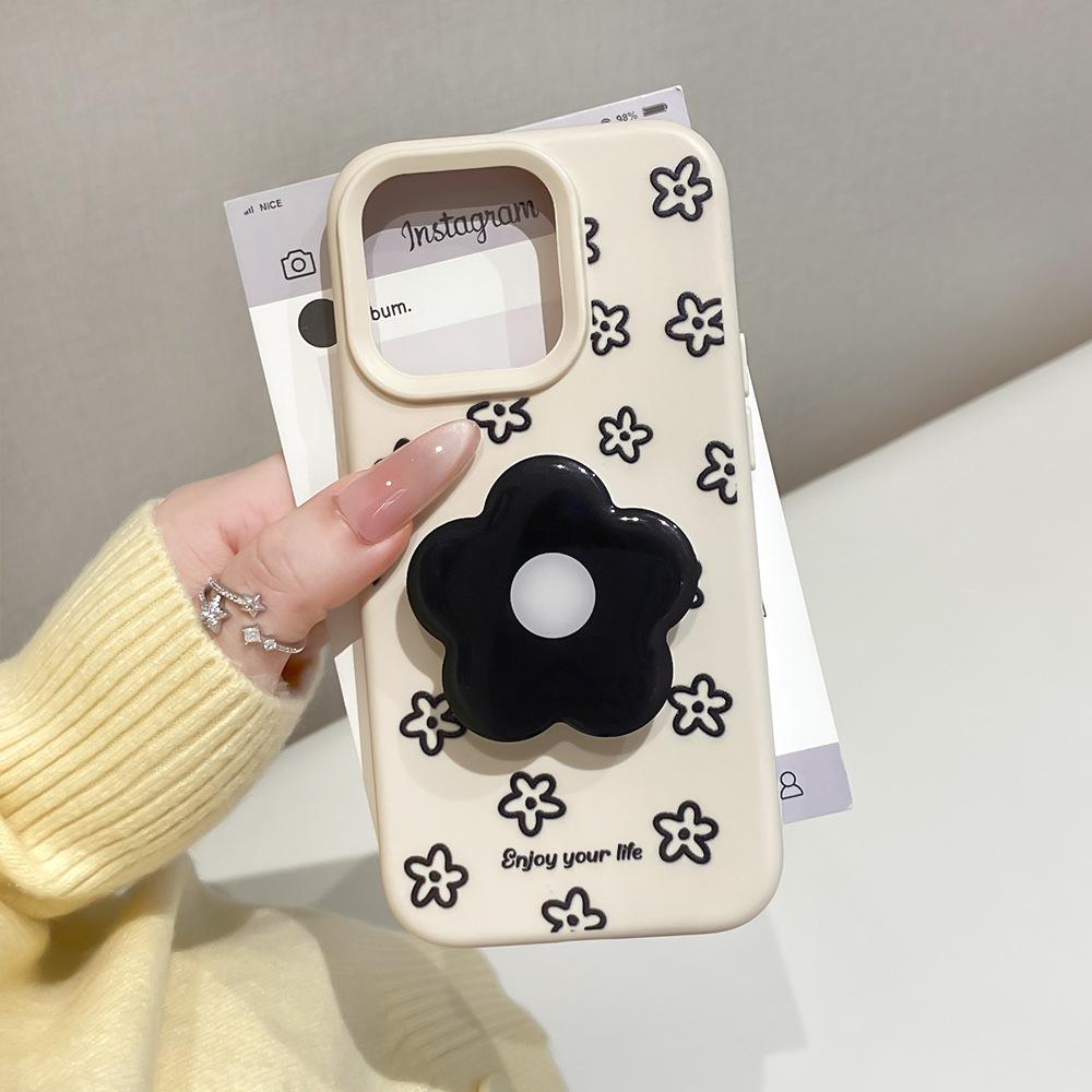 Applicable to iphone16/17Promax all-inclusive anti-drop mobile phone case Apple 15/14 black flower bracket protective case 13
