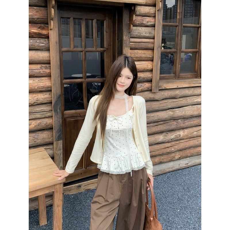 Kumikumi Gentle Pure Color Knitting Cardigan Outwear Female Fall Bows Polka Dot Brace Vest Two-Piece Set