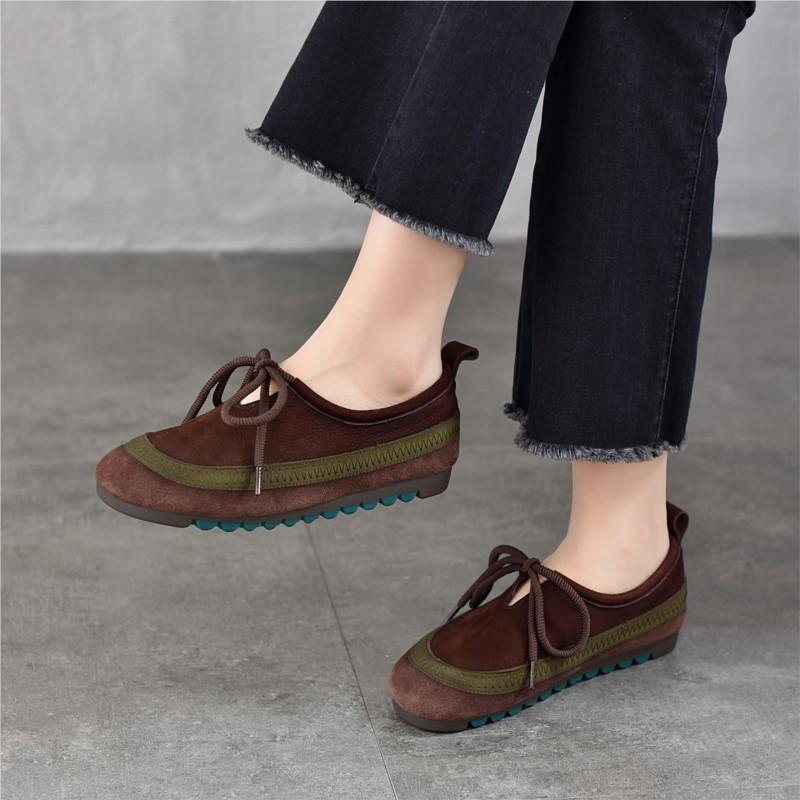 Johnature Soft Cowhide Women's Flat Shoes Genuine Leather Round Toe Mixed Colors Lace Up Casual Shoes