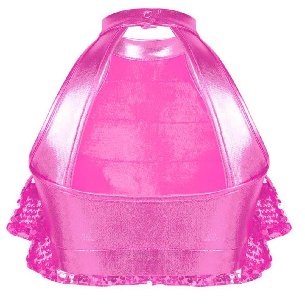 Girls Dance Competition Top Sleeveless Mock Neck Shiny Sequin Tiered Backless Crop Top Stage Performance Outfit