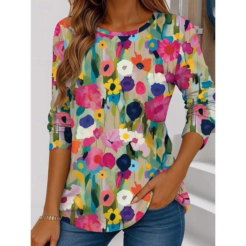 Autumn and Winter Women's Color Flowers 3D Printed Crew Neck Long Sleeve T-Shirt