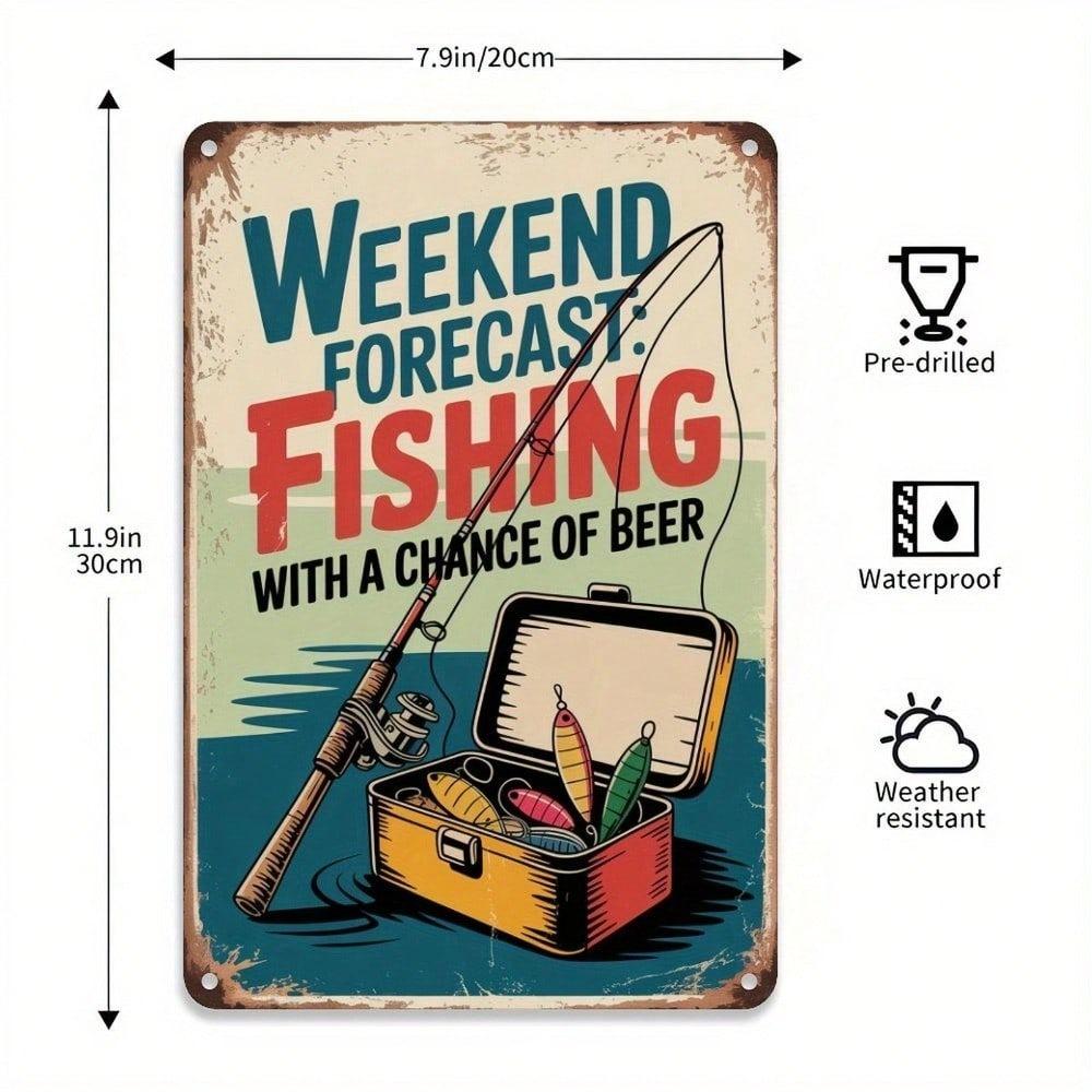 Vintage Fishing Beer Tin Sign 8x12 Inch Metal Wall Art Rustic Pub Garage Decor