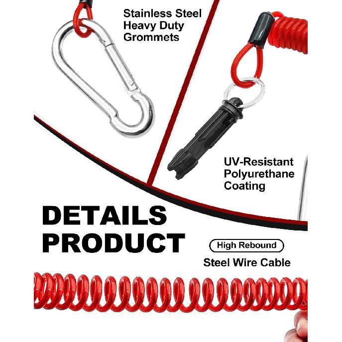 6FT Breakaway Trailer Cable, Trailer Brake Cable Stainless Steel Spring Safety Towing Coiled Wire with Pin, Emergency Brake Cable Strap Ground Clip