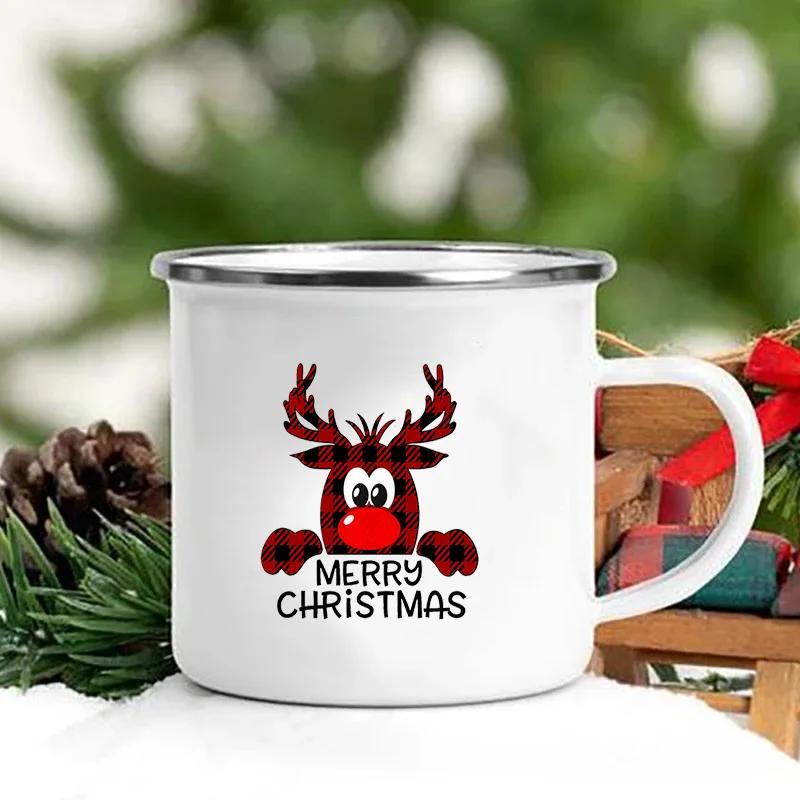 Merry Christmas Print Creative Enamel Coffee Tea Wine Drink Mug Dessert Hot Cocoa Milk Cup Cake Mugs Handle Drinkware Xmas Gifts