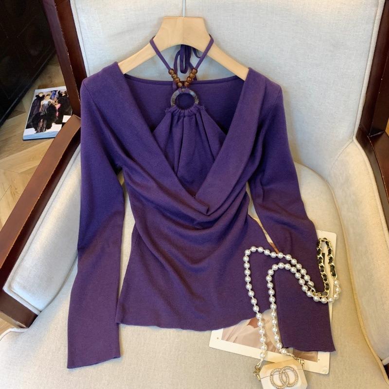 Свитер женский вязаный с отложным воротником с открытыми плечами с имитацией двух частей осенний приталенный топ высокого класса трендовый L фиолетовый 3770₽
