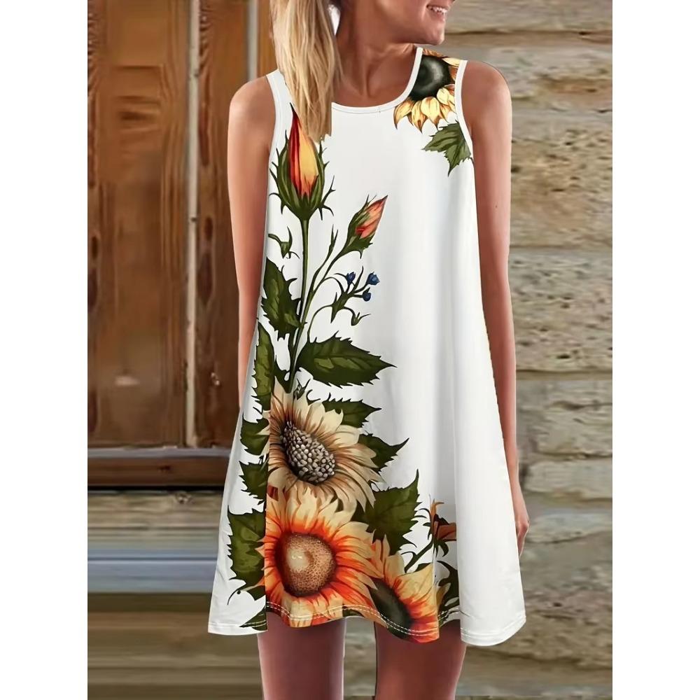 Abstract Floral Print Women's Casual Sleeveless Tank Dress Summer Vacation Casual Attire Fashion Street Wear Y2k Woman Clothing