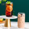 Glass Tumbler with Bamboo Lid Brushes Straw 470ml Can Shaped Glass Cups for Iced Coffee Soda Tea Beer & Ice Coffee Glasses Reusable Glassware
