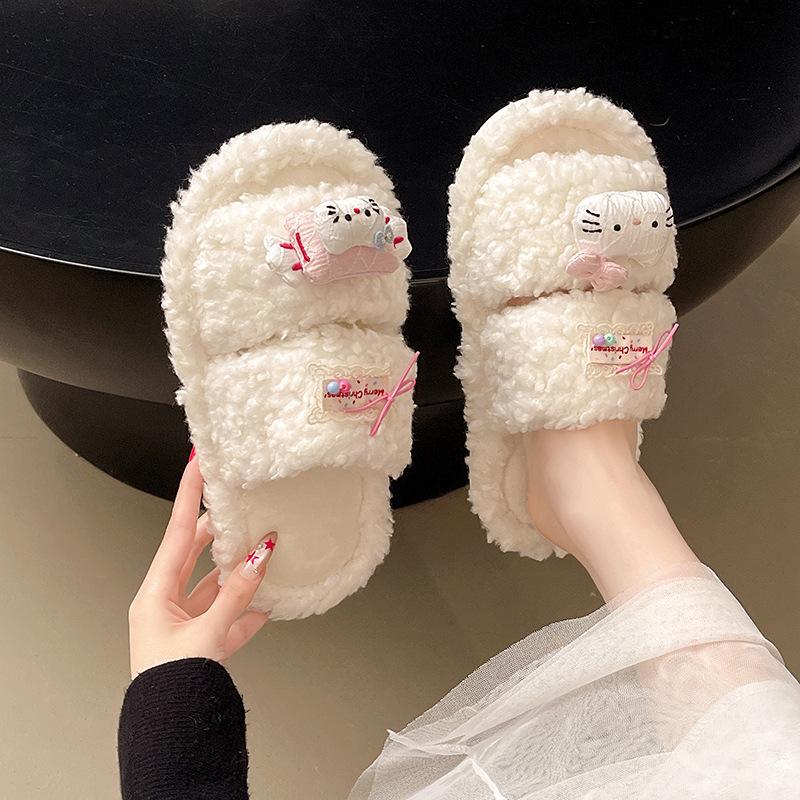 Cute Hello Kitty Thick-bottomed Fluffy Slippers for Women's Outerwear 2025 Autumn and Winter New Home Indoor Non-slip Velvet Cotton Mop