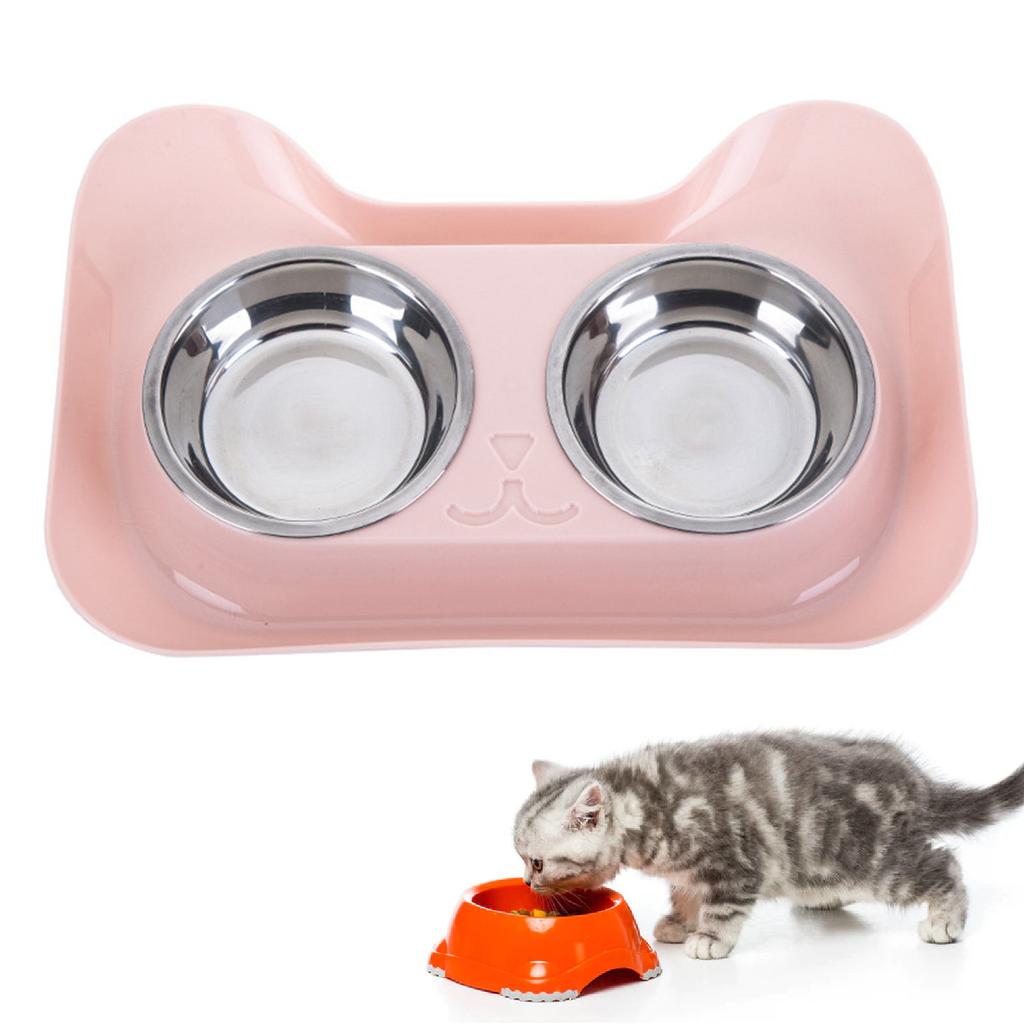 Pet Dog Bowls Stainless Steel Cute Shape Leak Proof Smooth Inner Easy Clean Double Dog Bowl for Cats Pink