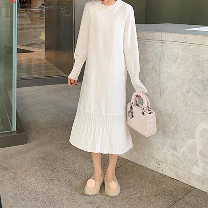 Lace semi-turtleneck pleated hem knitted dress autumn and winter new stacked wear with coat thin bottom sweater skirt