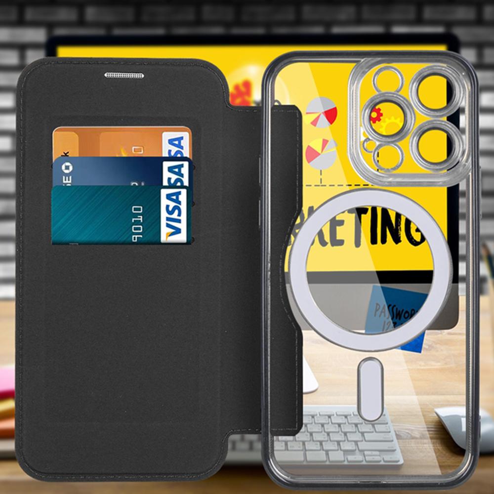 Dla iPhone 13 Pro 6,1 cala Kompatybilny z MagSafe Blokowanie RFID Przegródki na karty TPU amortyzujący wstrząsy Elektroplaterowany Przezroczysty tył Etui z klapką z folią na obiektyw