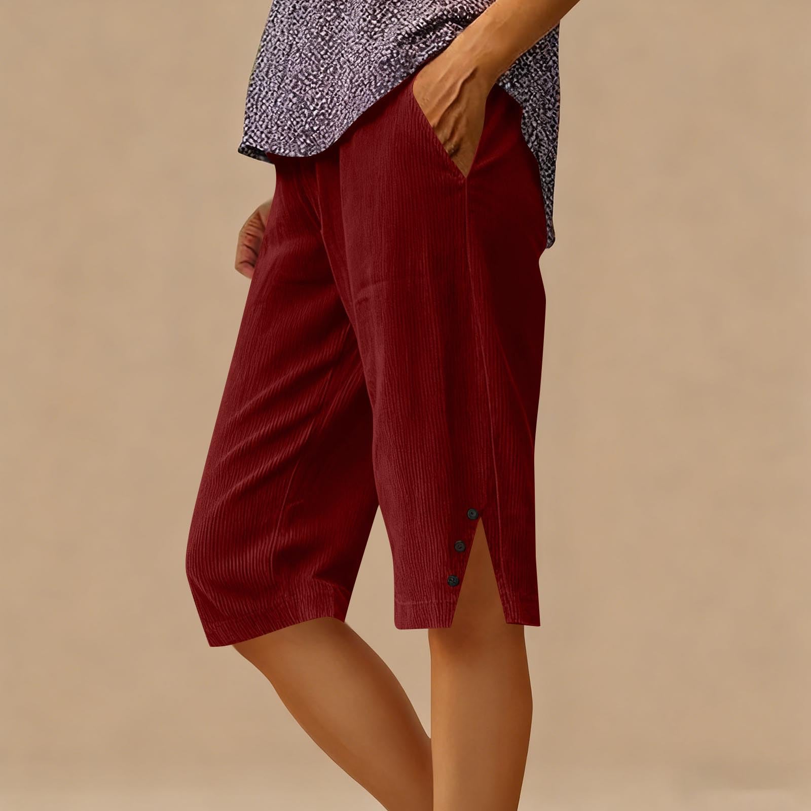 

Women’s Corduroy Knee Length Shorts Relaxed Fit Button Side Pockets Casual Lightweight Soft Material XXL винный