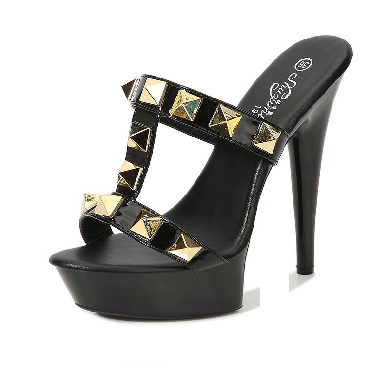 13/15CM High Heels Slippers Women Platform Sandals Rome Style Metal Rivet Chunk Heels Sexy T-band Summer Hollow Out Models Shoe