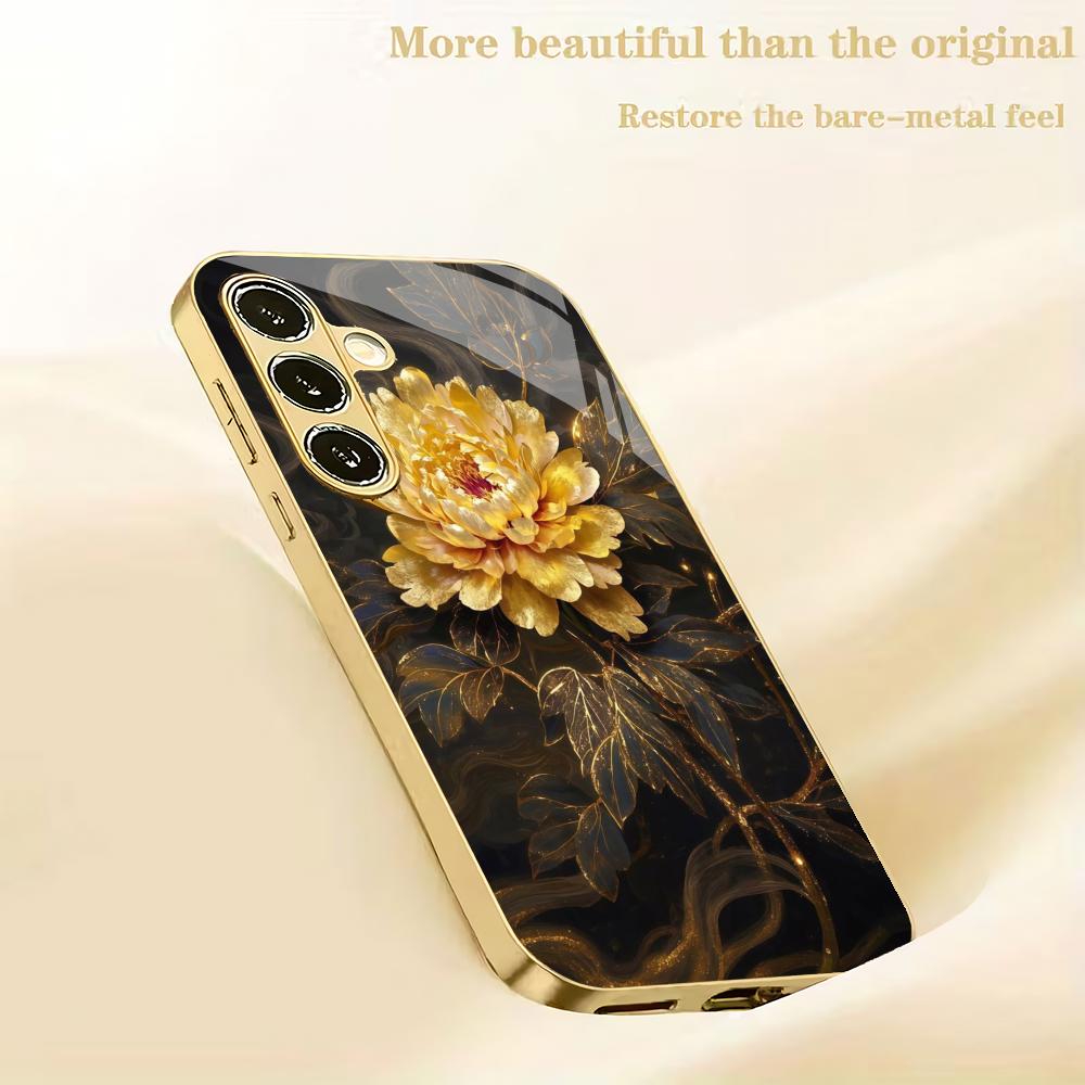 Black gold floral design electroplated glass phone case suitable for Samsung GalaxyS26 S25 S24 S22 S21S20FE/Ultra/Plus anti drop