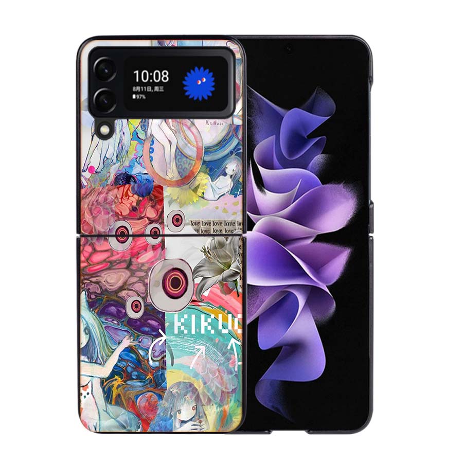 K-KikuoS Art Cute Phone Case For Samsung Z Flip 7 6 5G Galaxy Z Flip4 Z Flip5 Z Flip3 Coque Black Hard PC Shell Protective Cover