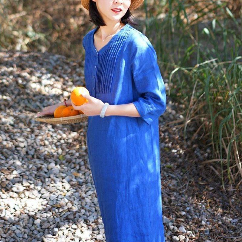 Langes Kleid Damen Baumwolle Große Größe Locker Sommer Retro Nähte Einfarbig V-Ausschnitt Kleid Knielang Dünn Großes Schwingendes Kleid