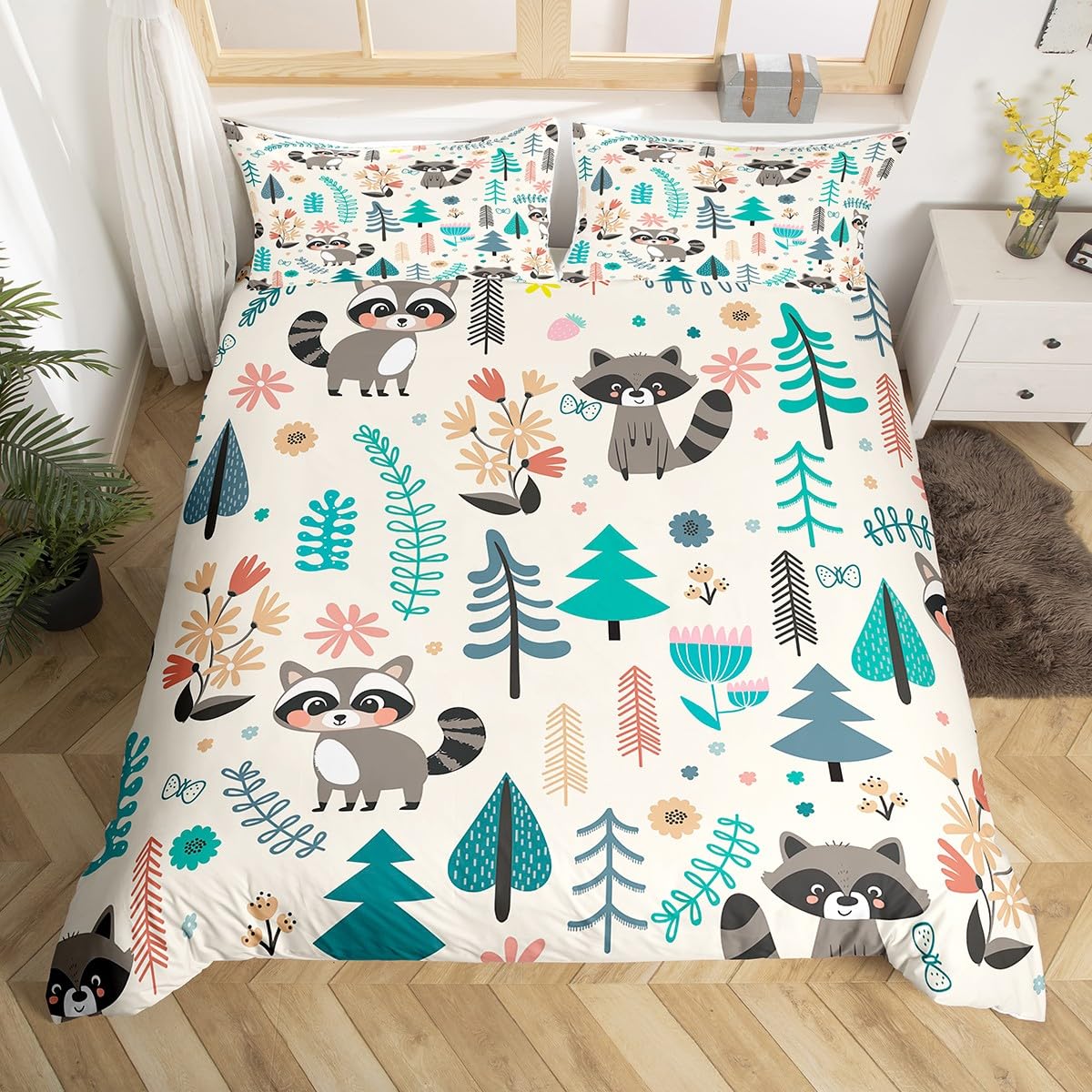 

Carton Racon Beding Set Lovely Racon Soft Duvet Cover for Children Kids Young Boys Young Girls Racon Lover Gift Wildlife Warm Comforter Cover Twin 135*200cm Eu-Single