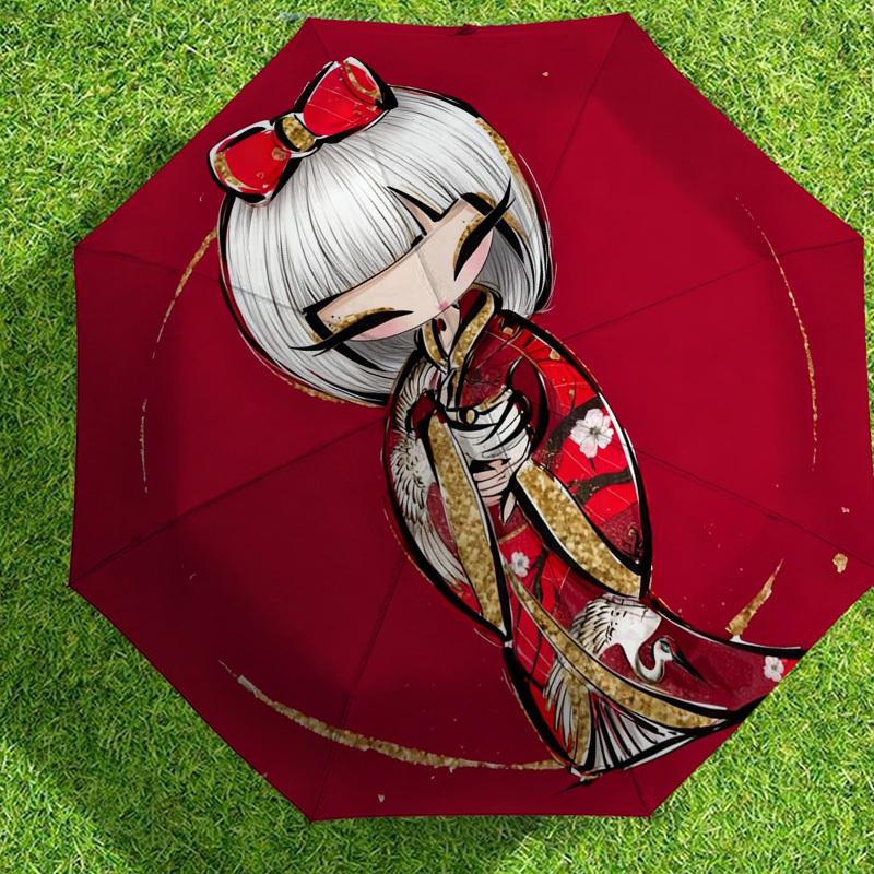 1pc Kimono Flowers Automatic Folding Umbrella, Heavy Duty 8 Rib Iron Frame,  Suitable for Travel, Daily Use, Birthday, Decor Gift m0104023