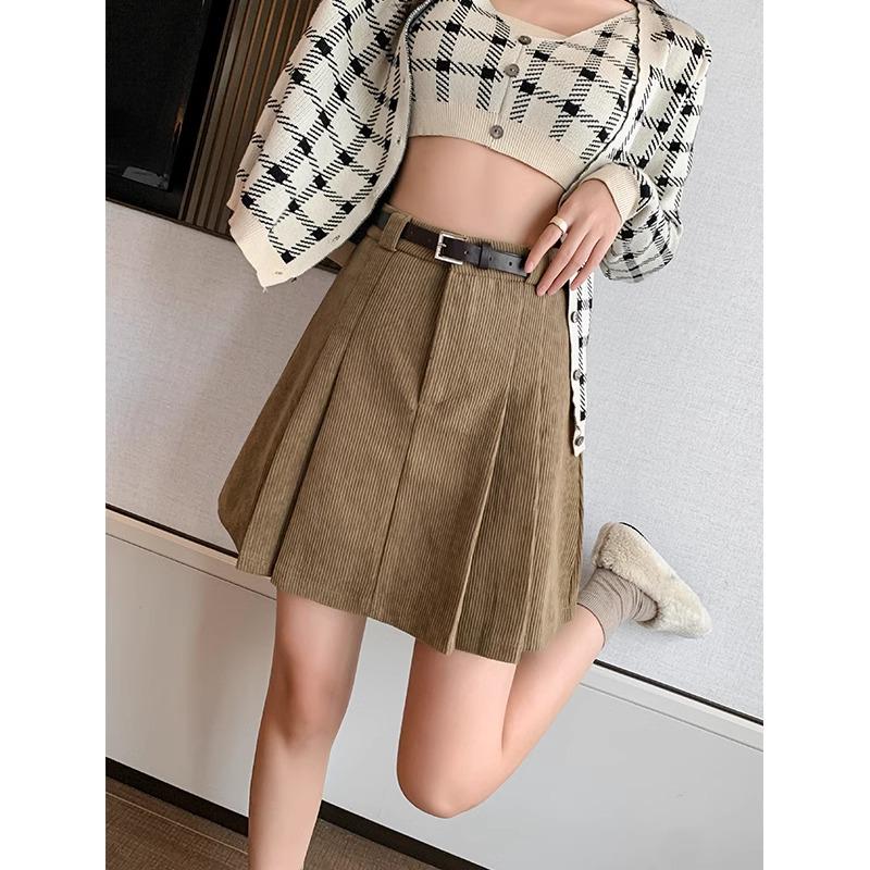 2024 Fall/Winter Korean Waistless Corduroy Pleated Mini Skirt - High Waist A-Line Design
