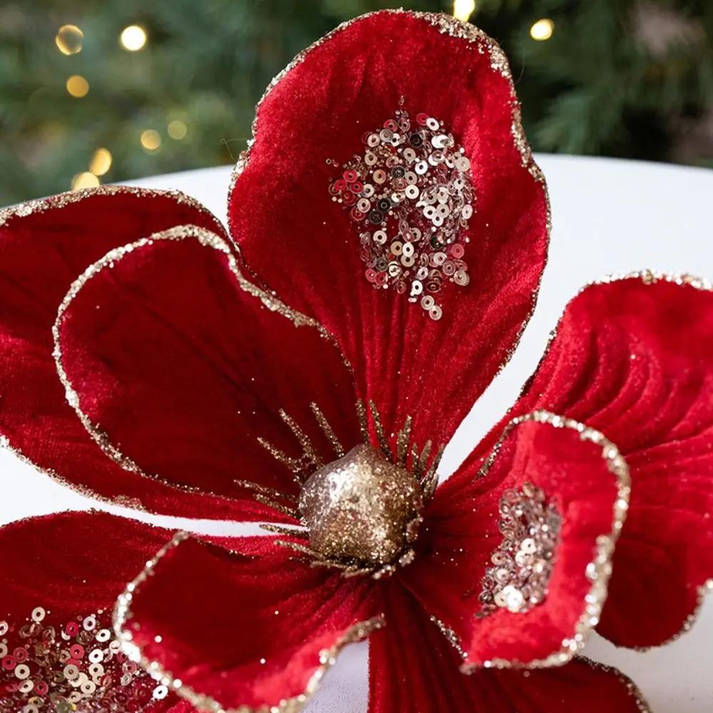 Fabric Plastic Christmas Artificial Flowers DIY Decoration 22cm Xmas Decorative Flowers Ornaments Glitter Fake Flower New Year