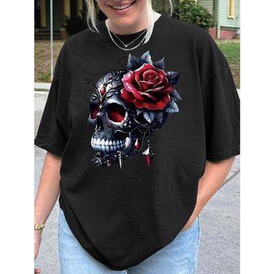 Europäische Größe Damen T-Shirt mit Totenkopf- und Rosen-Grafik, Lässiger lockerer Schnitt, Kurze Ärmel, Rundhalsausschnitt, Schwarz mit Rotem Rosen- und Totenkopf-Design
