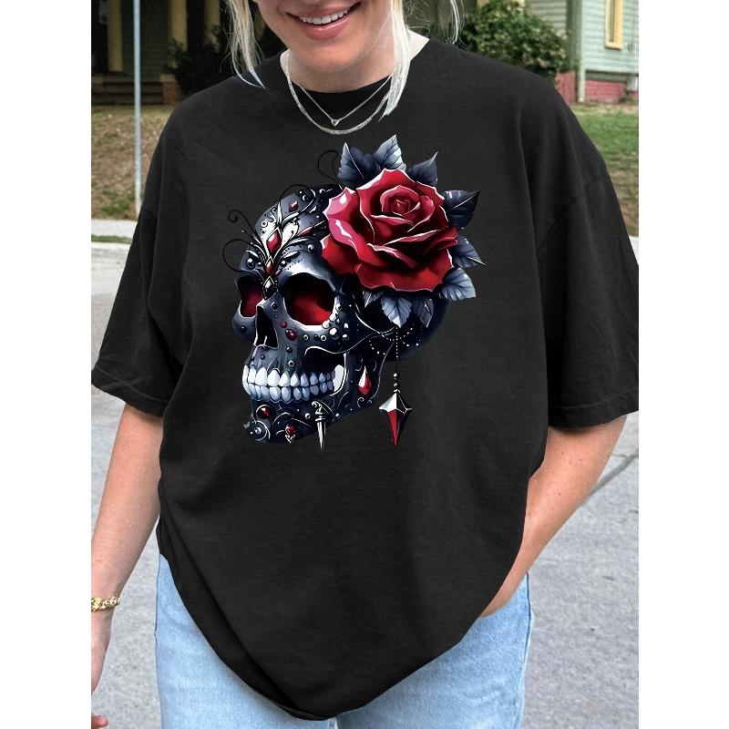 European Size Women'S Skull and Rose Graphic T-Shirt Casual Loose Fit, Short Sleeves, Round Neck,Black with Red Rose and Skull Design