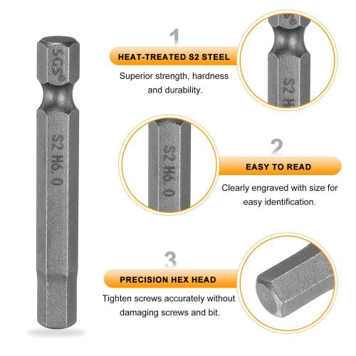 uxcell H6 Hex Bits, 6mm, 3-Piece Set, Hex Shank, Single-Head, Magnetic, for Electric Screwdrivers, 50mm Long, S2 Steel, for Electrical Construction, D