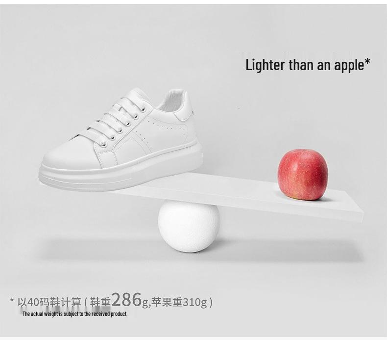 Men's 8CM Height-Boosting White Low-Top Cowhide Casual Shoes, Thick Sole, Large Sizes, Youth Fashion