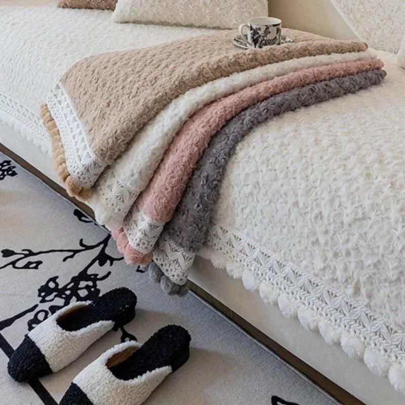 Cream Style Plush Sofa Mat Four Seasons Universal Anti Slip Seat Cushion Fur Ball Edge Autumn  Winter Leather Sofa Cover