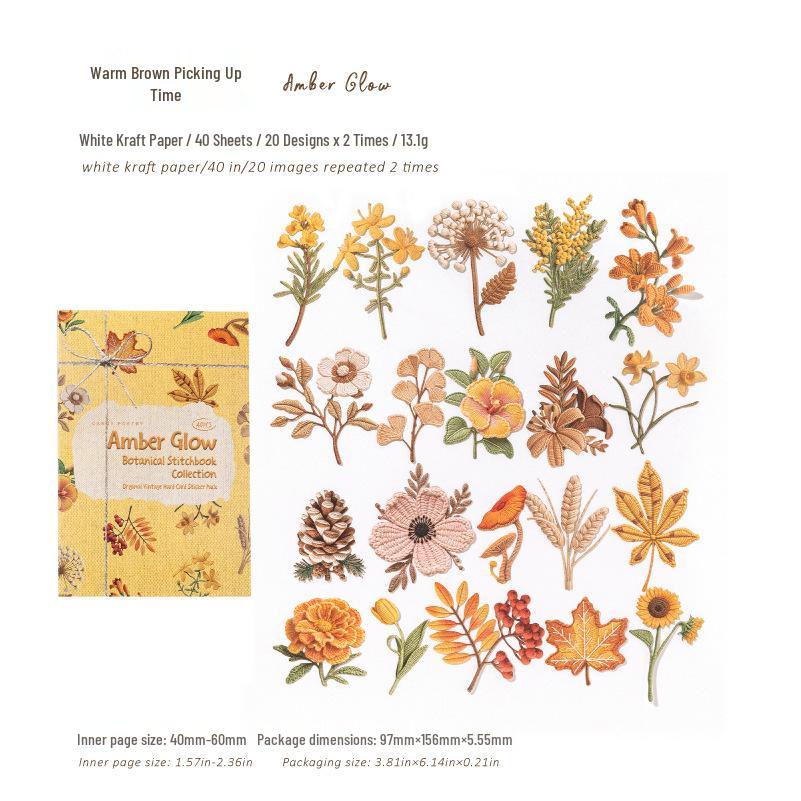 Sugar Poetry Floral Fabric Stickers: Retro Plant Embroidery, DIY Journal & Scenery Collage Pack.