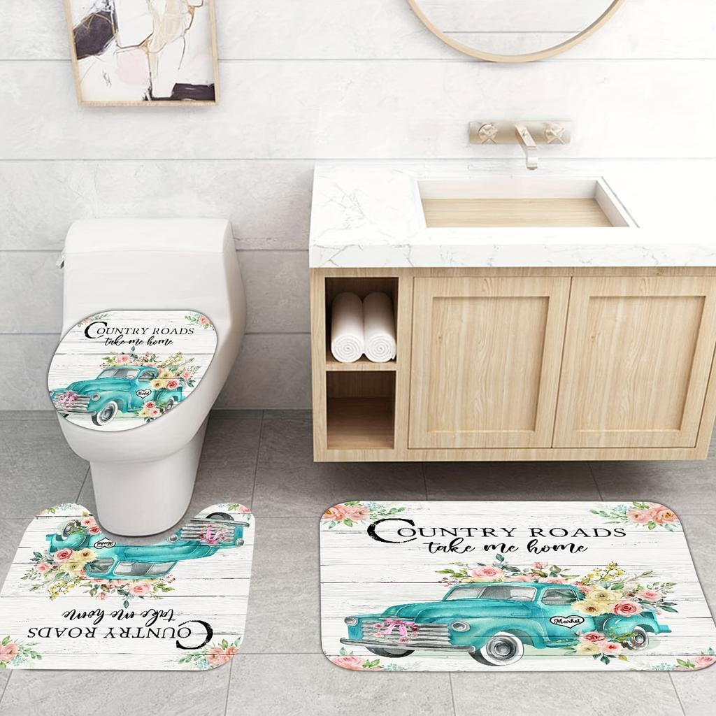 4pcs Flower Car Printed Bathroom Set Waterproof Curtain With 12 Hooks Non-Slip Bathroom Rug Toilet U-Shape Mat Toilet Lid Cover Pad Set