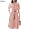 ZANZEA Women Casual V-Neck Solid Color Short Sleeve Dress