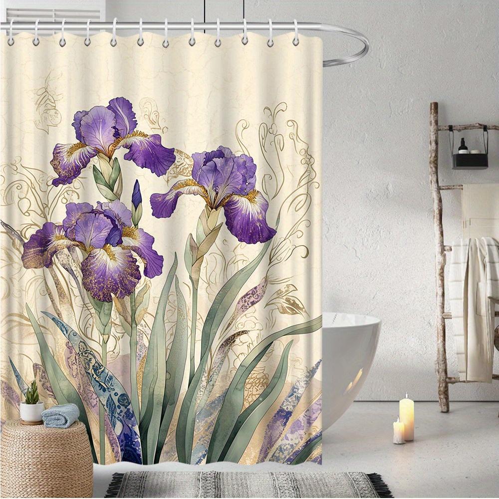 Tonnika Chen Pink/Purple/Gold Floral Iris Shower Curtain, Vibrant & Design With Accents, Fade-Resistant Polyester, All-Season Bath Decor