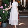 Women Casual Round Neck Elegant Embroidery Mesh Patchwork Loose Short Sleeve Dress