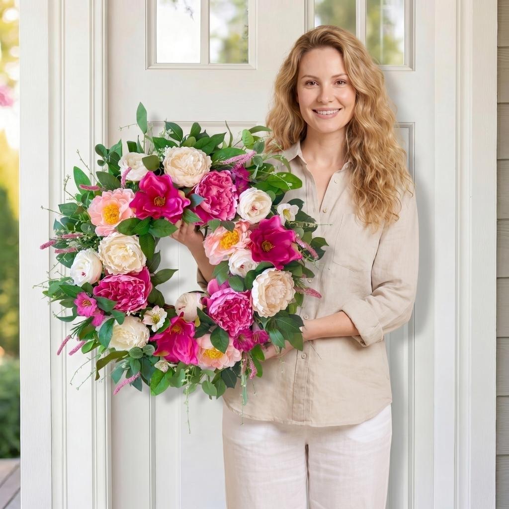 Künstlicher Pfingstrosen-Blumenkranz 45CM Realistischer Seidenblumen-Türhänger Dekoration mit Grünen Blättern und Gemischter Blütenanordnung für Innen- und Außenbereich