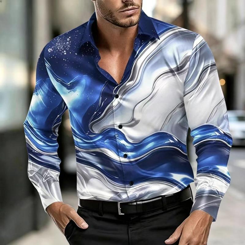 Herren Luxus Satin Langarmhemd mit 3D-bedruckten Seidenknöpfen und glänzender Oberfläche, Nachtclub Party Lässiges Modehemd