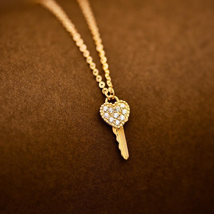 18K Gold-Plated Sterling Silver Heart Key Pendant Necklace with Diamonds 925 Silver