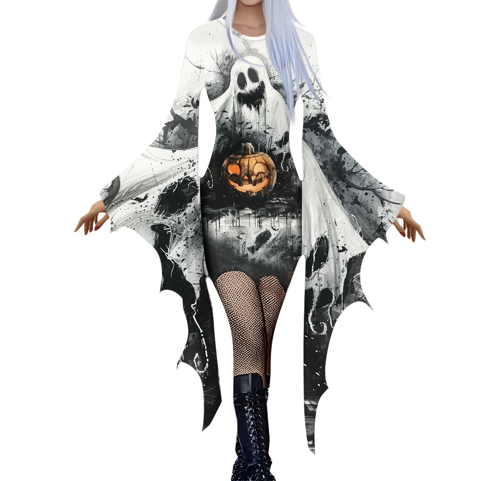 Женская мода готический панк летучая мышь рукав 3D милый принт Хэллоуин нестандартное вечернее платье M серый