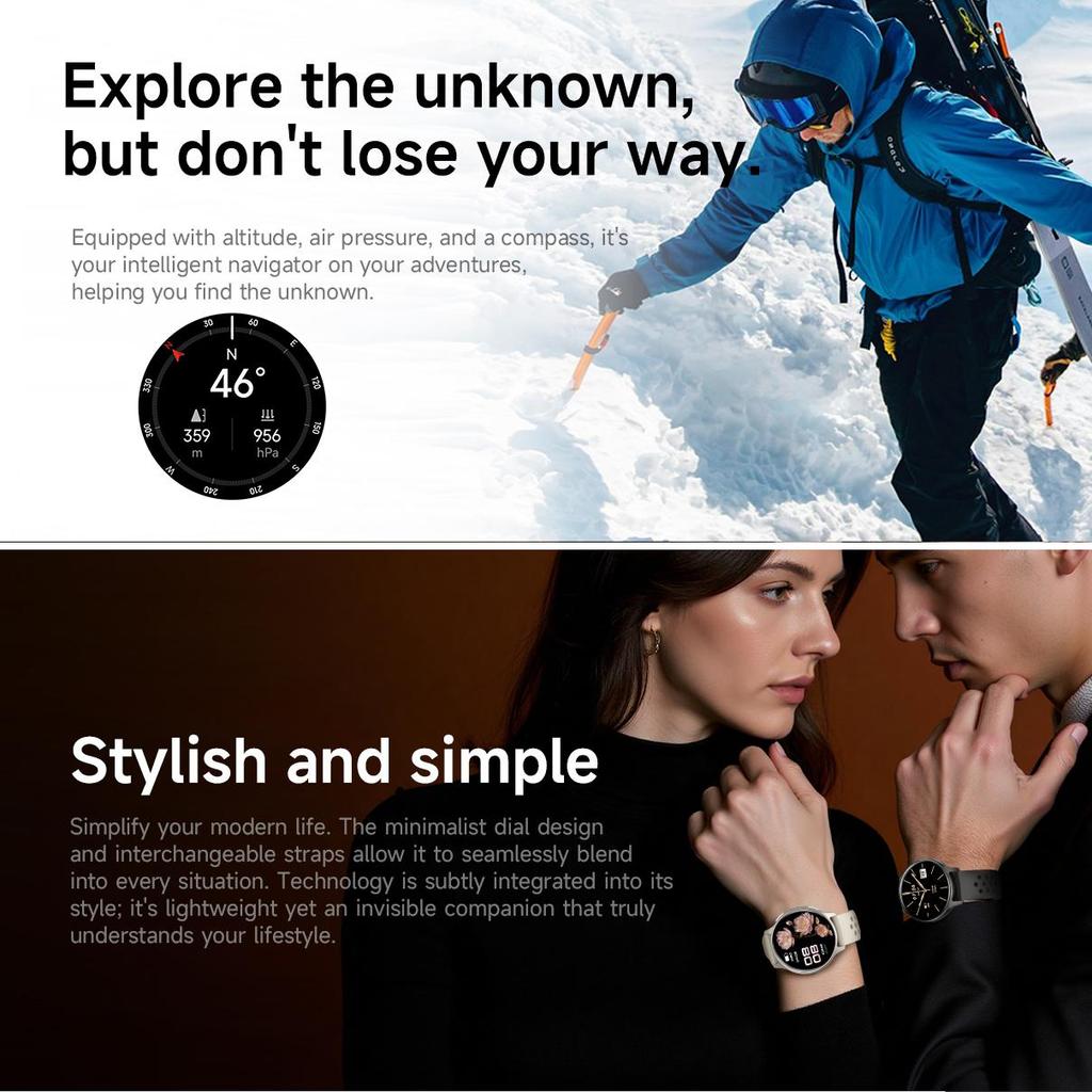 Bluetooth Smartwatch with AMOLED 1.32-inch display, LED flashlight, compass, and outdoor features