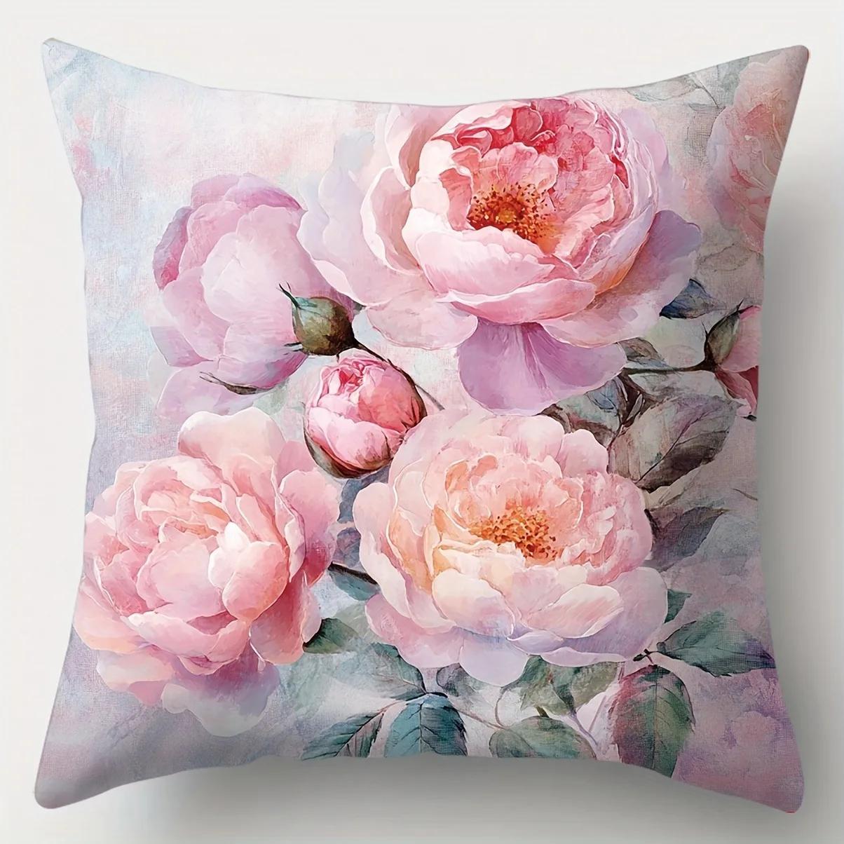 Monika Chen Unisex Pink Peonies Floral Throw Pillow Cover With Short Plush Print For Living Room Decoration Cushion Cover Pillow Covers Decorative