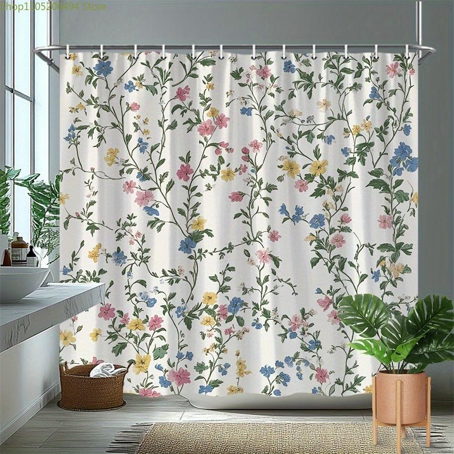 1pc Delicate Floral Shower Curtain, Vintage Botanical Style, Soft Cream Background, Pink, Yellow, and Blue Flowers On Intertwi