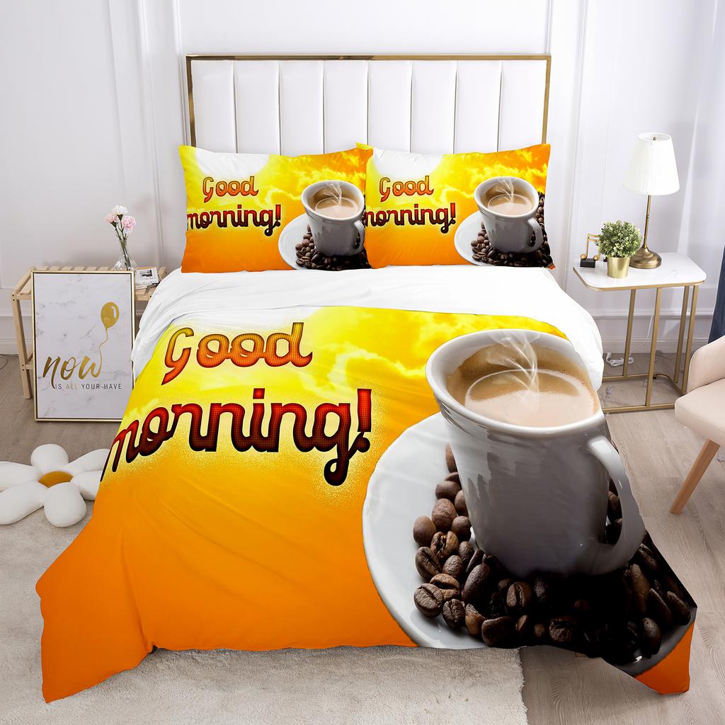 Buon Mattino Set Copripiumino Stampa 3D Pane Caffè Colazione Poliestere Copripiumino King Queen Matrimoniale per Set Letto Adolescenti