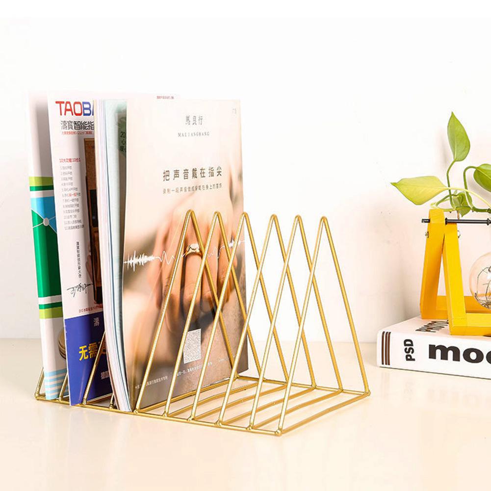 Multifunctional  Iron Triangle Desktop Bookshelf Books Magazines Rack Holder Gold