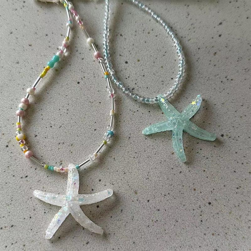 Trend Starfish Pendant Necklace Shiny Resin Bead Choker Clavicle Chain Sweet Necklace For Women Girls Summer Vacation Jewelry
