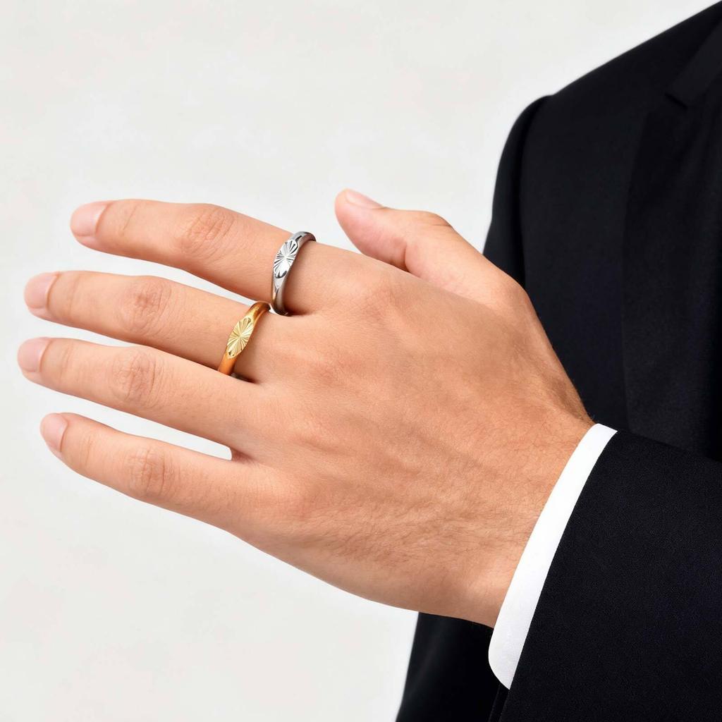 Dainty Gold Color Men's Ring,Embossing Radiation Sunburst Stainless Steel Tail Ring,Stylish Wedding Gift