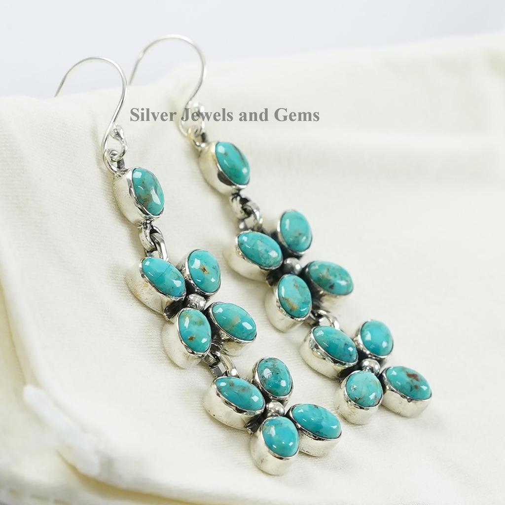Arizona Turquoise Hanging Earrings, Dangle Earrings, 925 Sterling Silver Earrings, Flower Earring, Gift for Daughter, Birthday Earrings