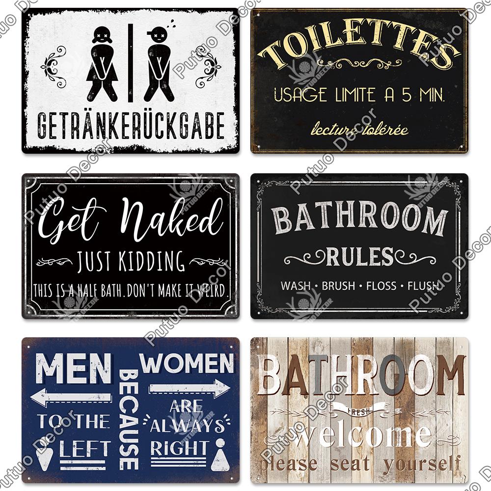 Putuo Decor Restroom Retro Tin Signs Vintage Bathroom Plaque Metal Plates Wall Art Posters Decoration for Toilet Iron Paintings