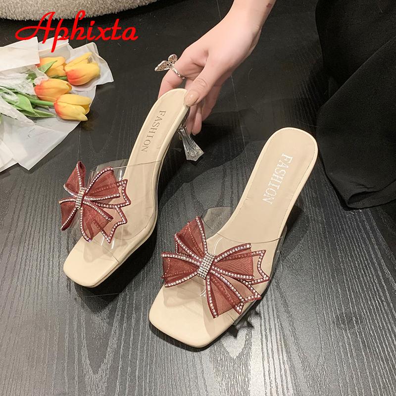 Fashion Aphixta 2025 Summer 7cm Transparent Thin Heel Flip Flops Women Luxury Crystals Bow-tie Design Open Toe Slides Sandals Cool Shoes