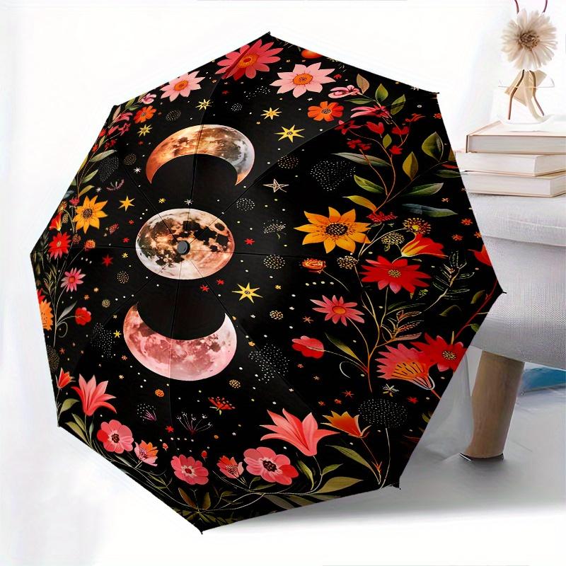 Floral Moon Phases Theme 8 Bone Hand Automatic Folding Umbrella, Compact and Portable Design, A Perfect Gift for Birthday, Christmas or Busi
